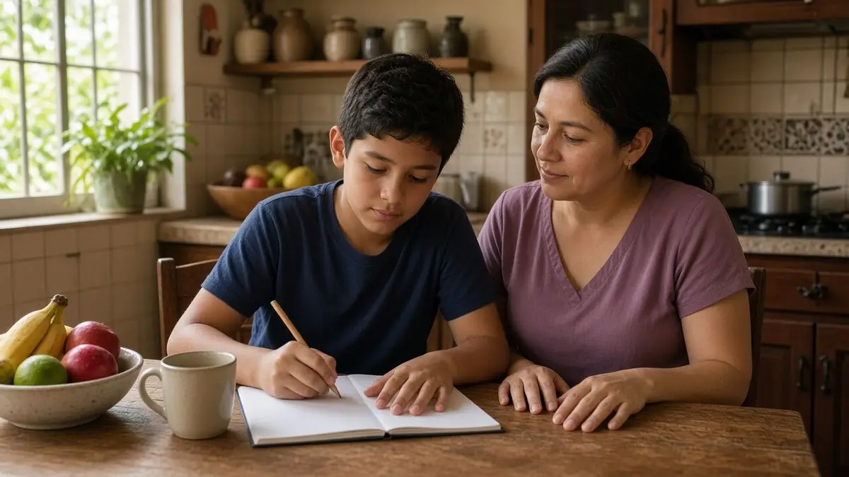 A school-age boy writes in an open notebook at the kitchen table while his mother sits beside him and watches calmly; both have their hands visible on the table