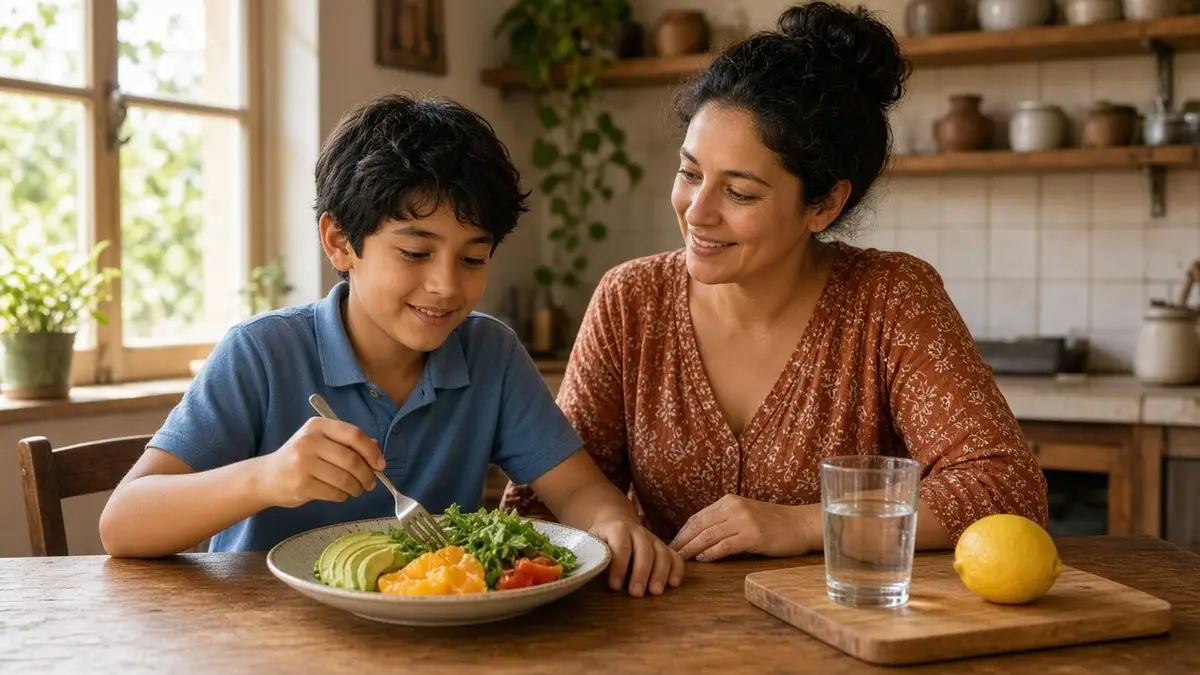 A school-age child eats a salad with avocado and orange at the kitchen table while his mother smiles beside him