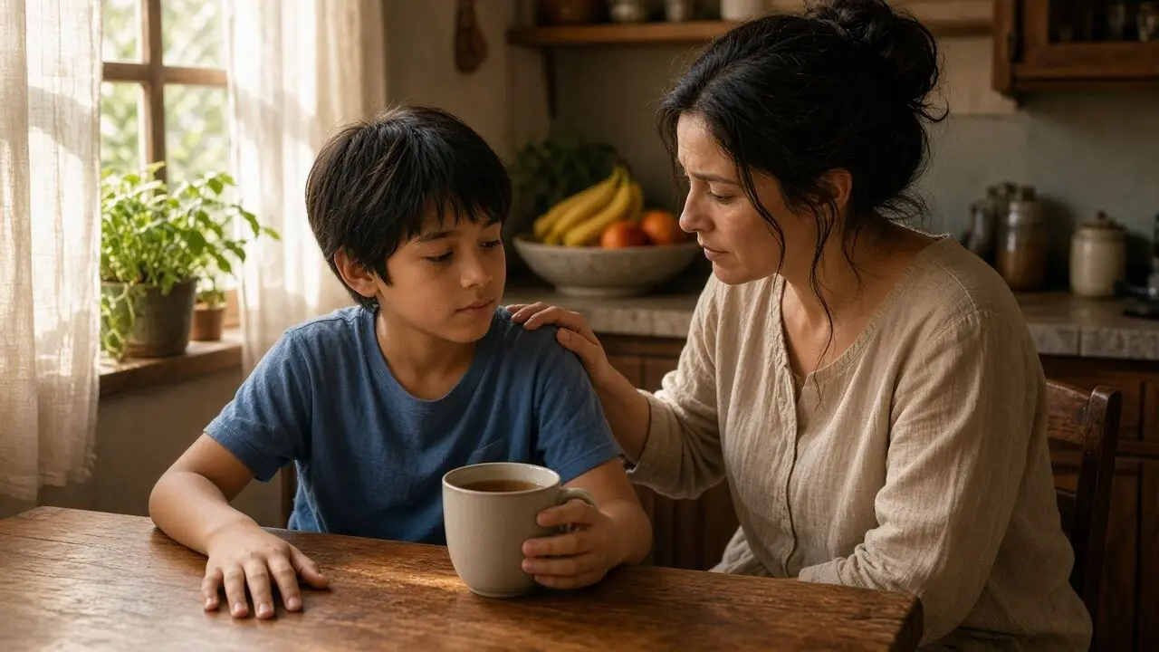 A child holds a mug of tea at the kitchen table while an adult rests a calm hand on their shoulder