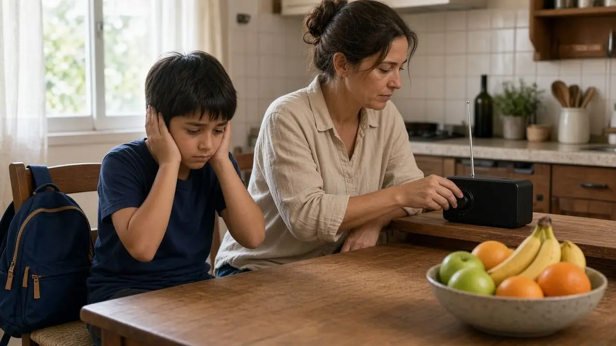 A school-age child covers both ears with their hands while an adult beside them at the kitchen table turns down a small radio