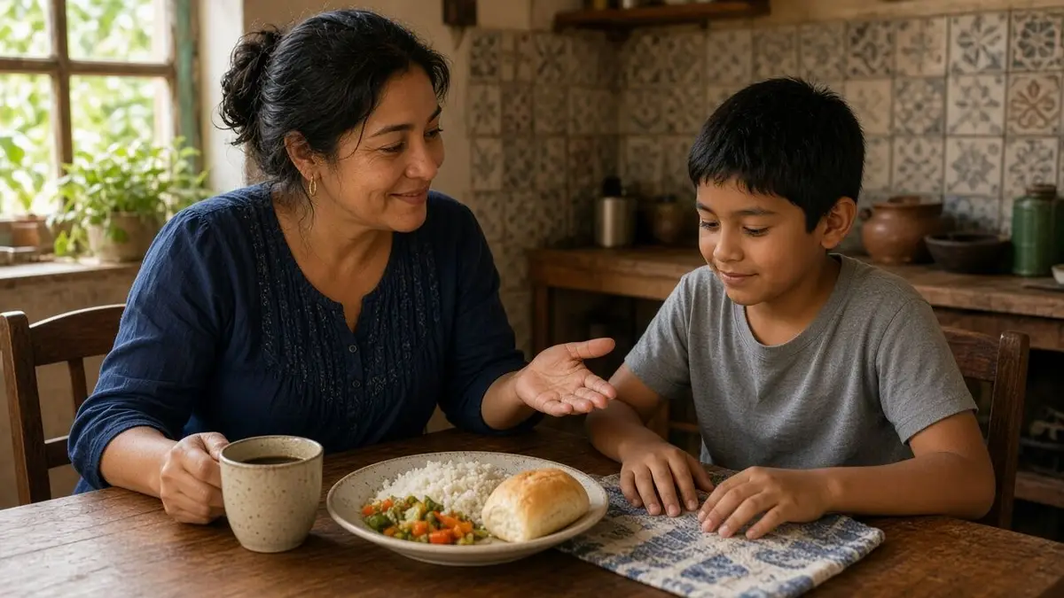 A mother and her school-age son sit at a kitchen table sharing a plate of rice and vegetables while she gestures with an open hand toward the food
