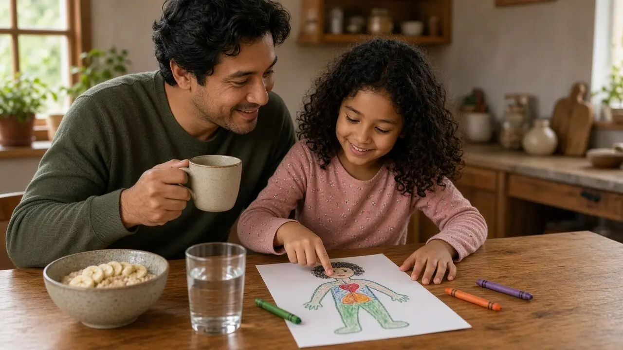 Un padre y su hija conversan en la mesa del desayuno mientras ella señala un dibujo del cuerpo humano hecho con lápices de cera