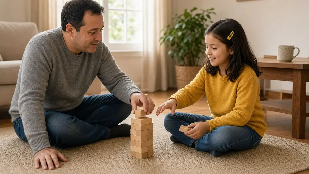 A father and his daughter sit on the living-room floor building a wooden block tower together, smiling at each other