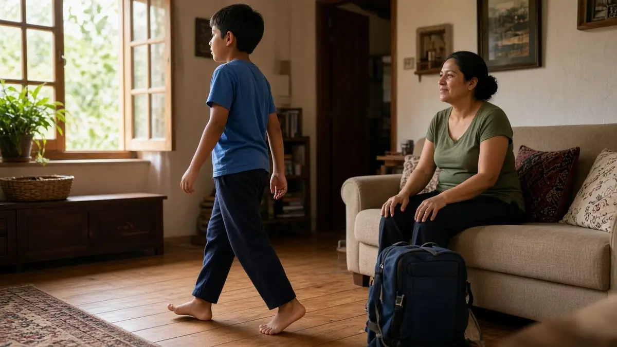 A school-age boy walks barefoot across the living-room floor while his mother, seated on the sofa, watches him with a calm smile