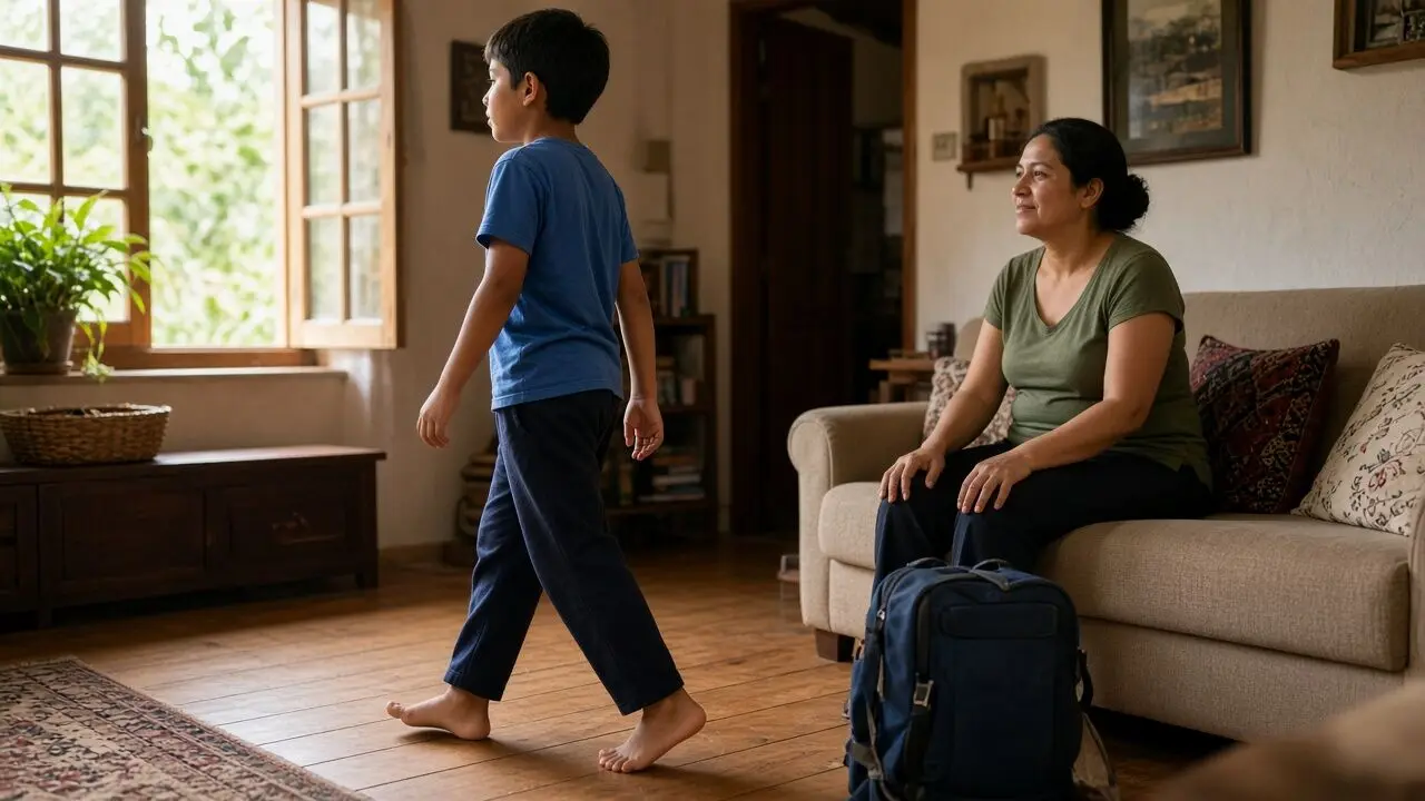 A school-age boy walks barefoot across the living-room floor while his mother, seated on the sofa, watches him with a calm smile