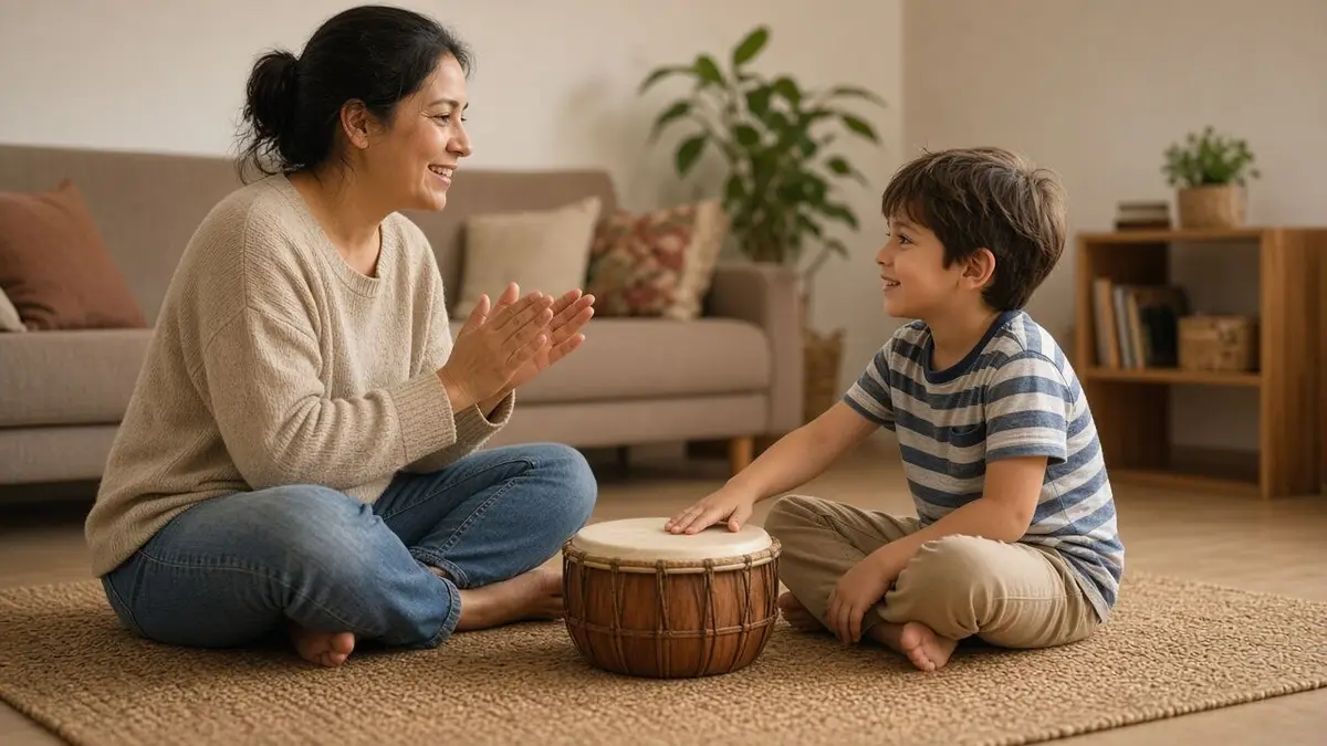 A mother and her son sit facing each other on a living-room rug, smiling; the boy rests one hand on a wooden drum while she claps along to his rhythm