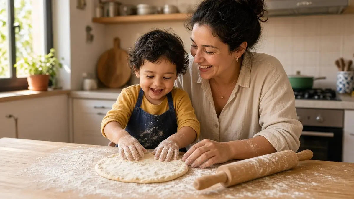 Una madre y su hijo sonriendo juntos mientras amasan harina en una mesa de madera de la cocina en una rutina doméstica enriquecida