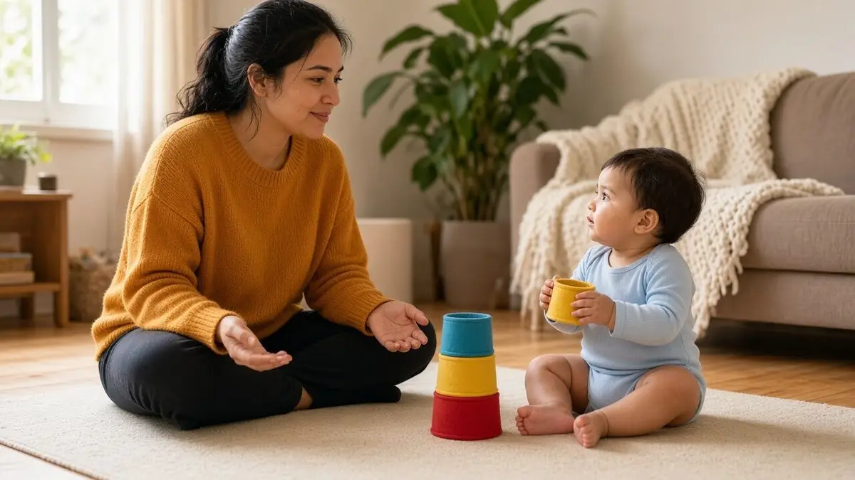 Una madre sentada en una alfombra de la sala sonríe frente a su bebé, que sostiene con ambas manos un vaso de tela amarillo junto a una torre de vasos de colores