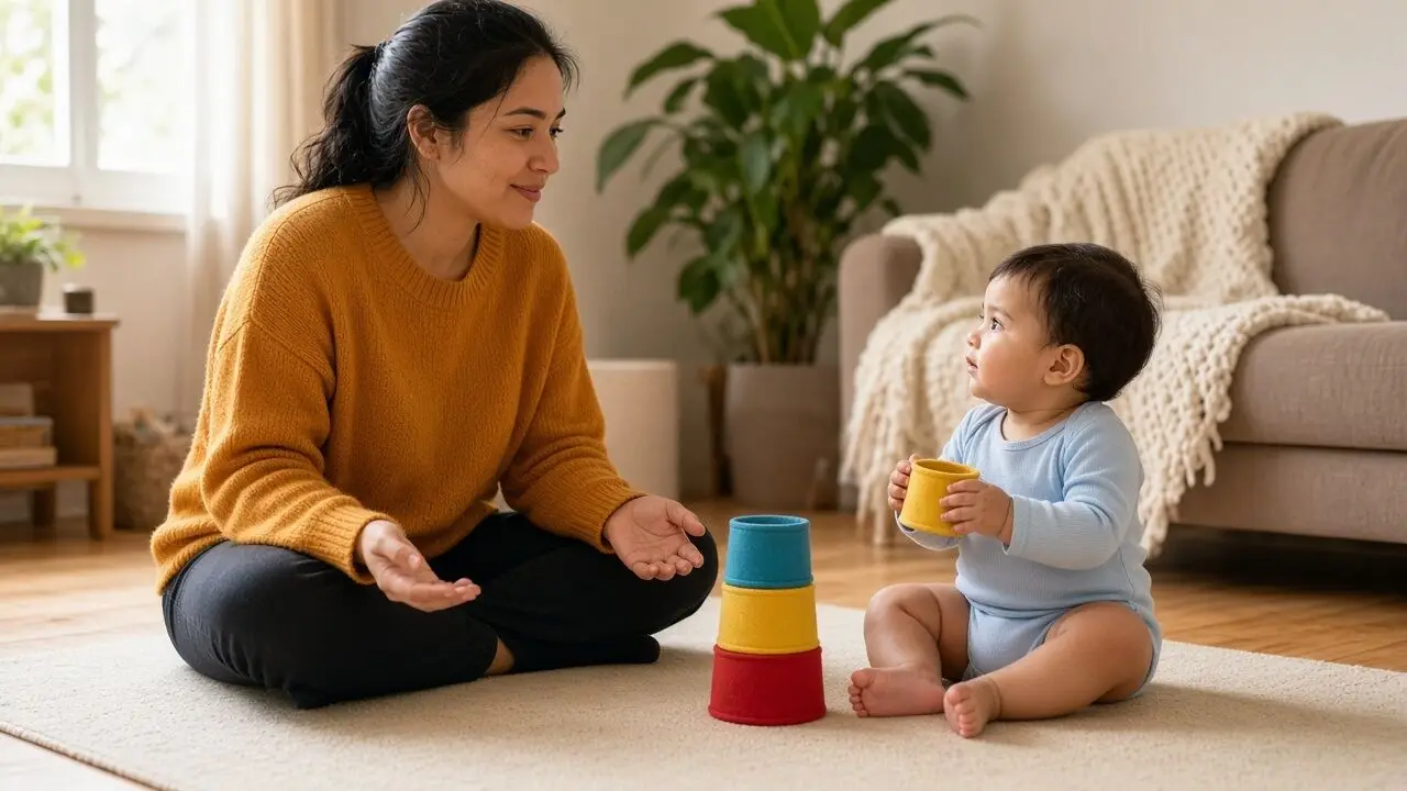Una madre sentada en una alfombra de la sala sonríe frente a su bebé, que sostiene con ambas manos un vaso de tela amarillo junto a una torre de vasos de colores
