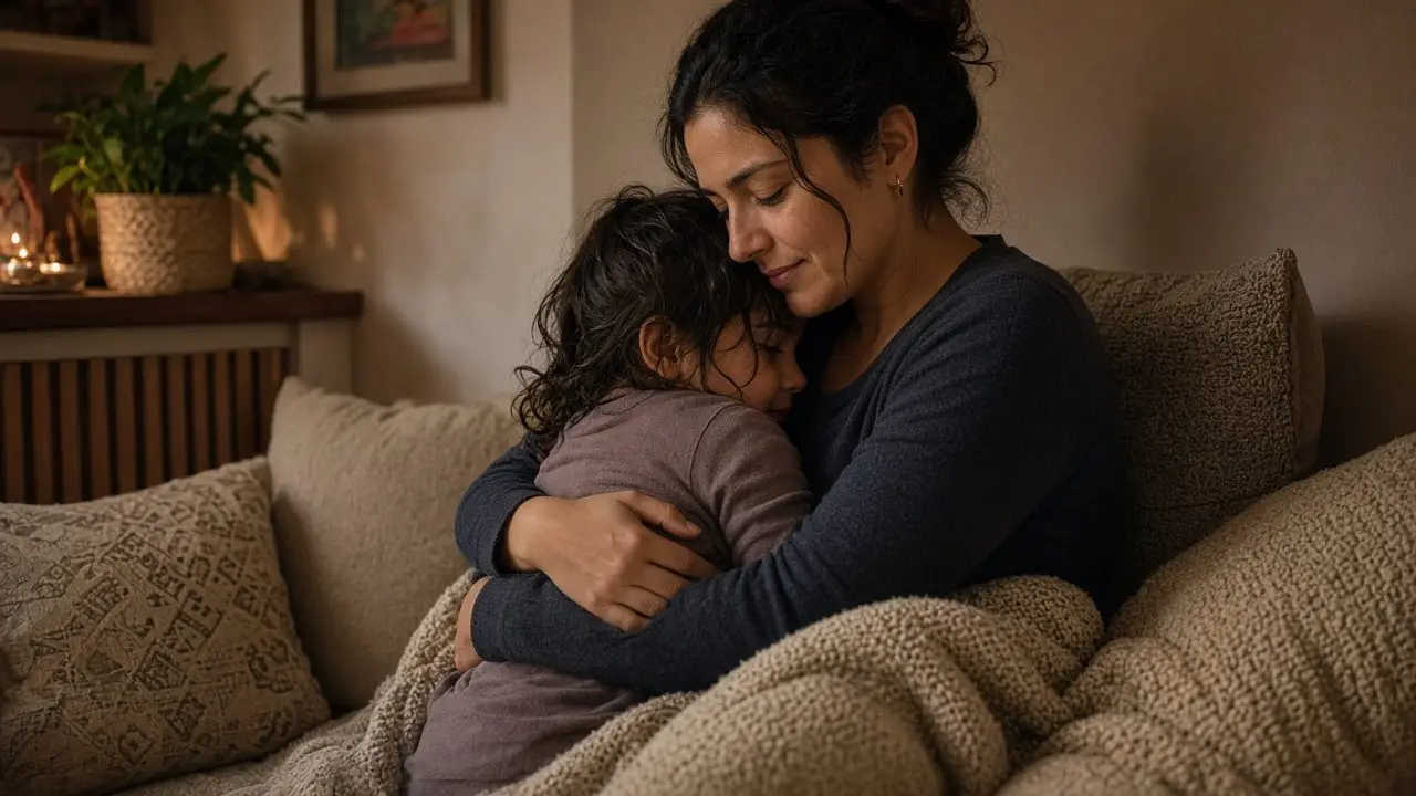 Una madre brindando contención afectiva y co-regulación serena a su hija en un rincón acogedor del hogar con luz tenue