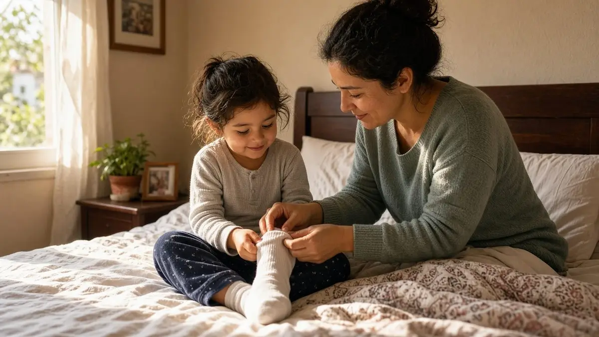 A young child putting on soft socks while sitting on the bed in the morning with the patient and loving support of their mother